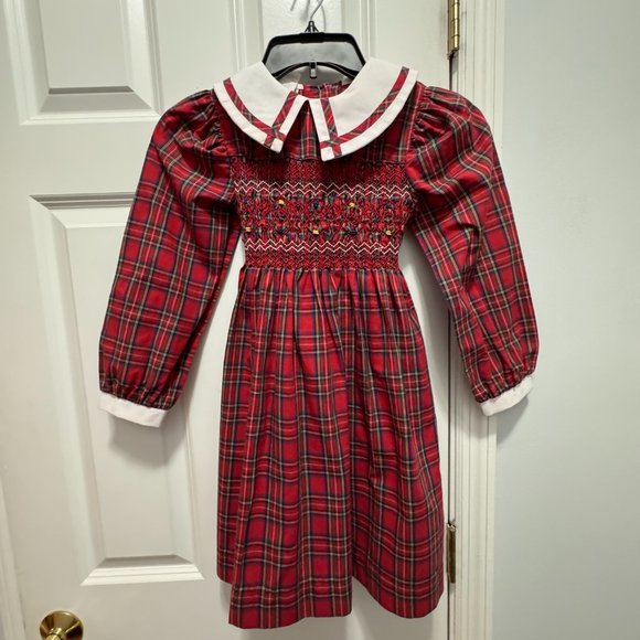 Polly Finders Red plaid smocked with plaid trimmed collar and tie bow 6X - Picture 7 of 7